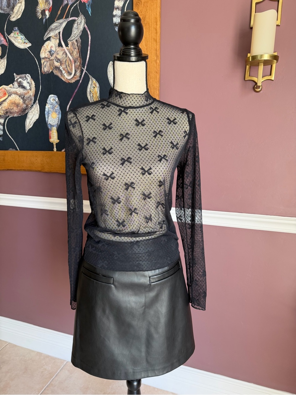 EUC Maeve Anthropologie Black Sheer Mesh Bow-Print Long-Sleeve Top Size Small